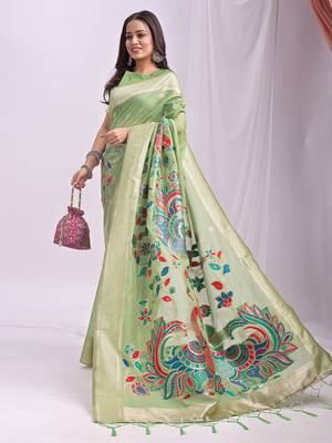 light green color linen cotton woven & printed linen cotton saree 1