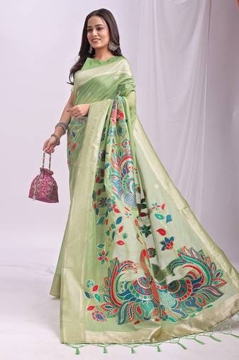 light green color linen cotton woven & printed linen cotton saree