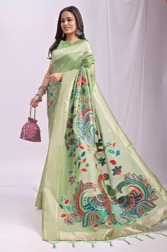 light green color linen cotton woven & printed linen cotton saree