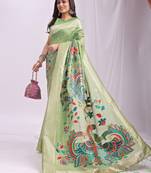 light green color linen cotton woven & printed linen cotton saree