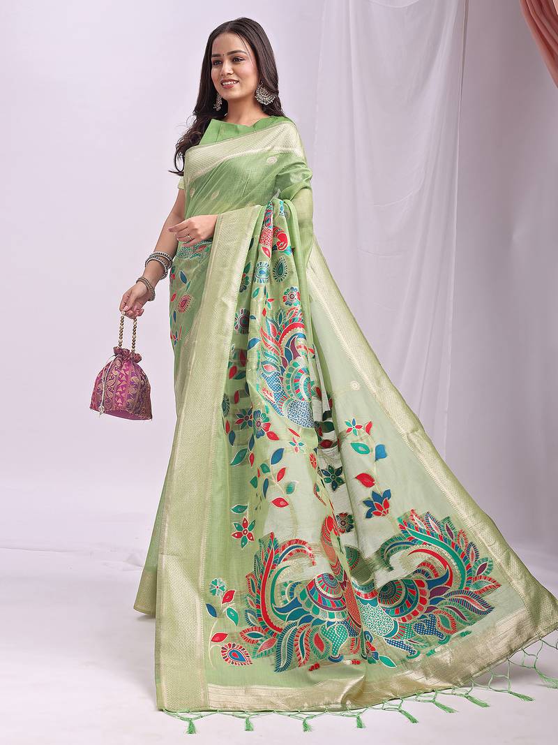 light green color linen cotton woven & printed linen cotton saree