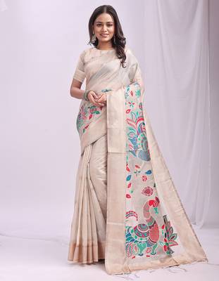 cream color linen cotton woven & printed linen cotton saree 1
