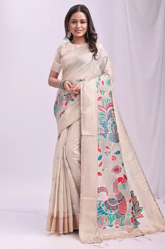cream color linen cotton woven & printed linen cotton saree
