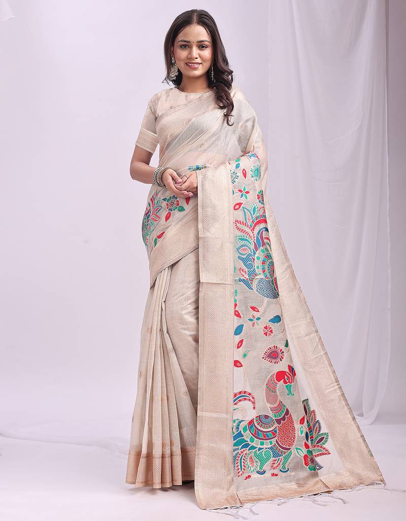cream color linen cotton woven & printed linen cotton saree