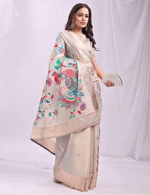 cream color linen cotton woven & printed linen cotton saree 2