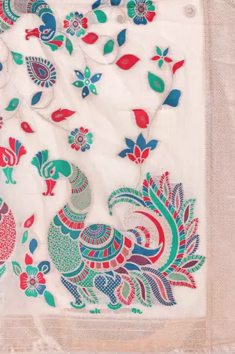 cream color linen cotton woven & printed linen cotton saree