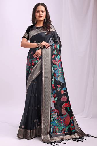 black color linen cotton woven & printed linen cotton saree