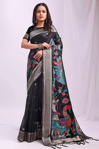 black color linen cotton woven & printed linen cotton saree