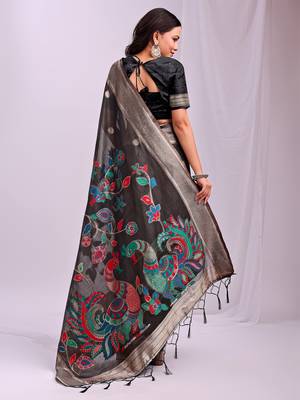 black color linen cotton woven & printed linen cotton saree 2