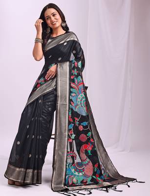 black color linen cotton woven & printed linen cotton saree 3