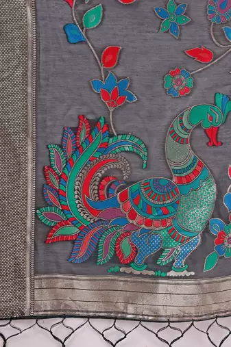 black color linen cotton woven & printed linen cotton saree