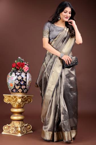 grey color solid zari border plain orgenza saree