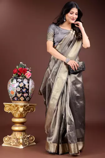 grey color solid zari border plain orgenza saree