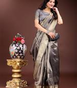 grey color solid zari border plain orgenza saree
