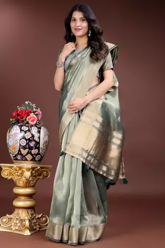 sea green color solid zari border plain orgenza saree