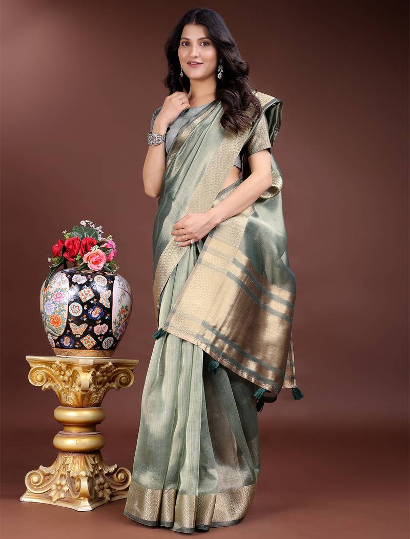 sea green color solid zari border plain orgenza saree