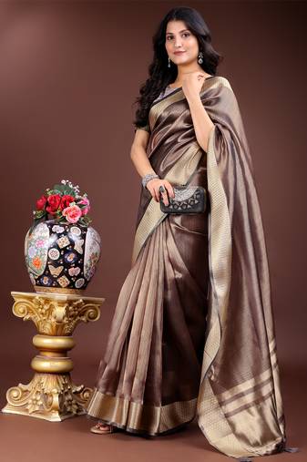 brown color solid zari border plain orgenza saree