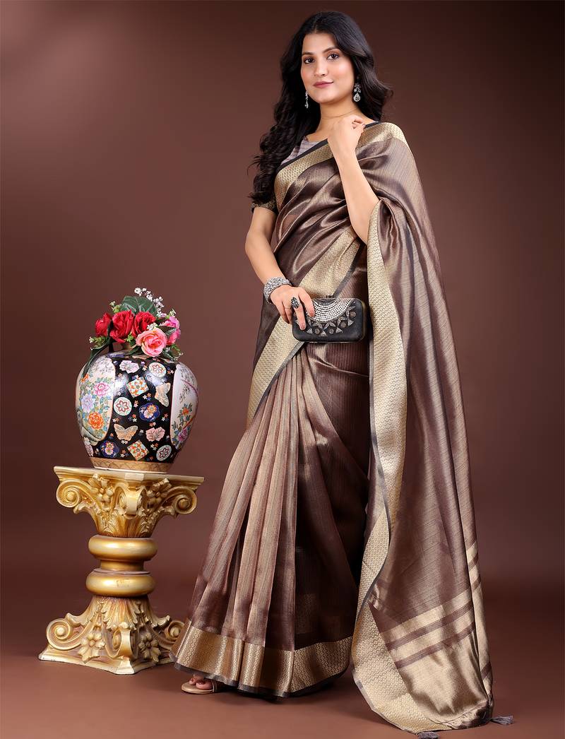 brown color solid zari border plain orgenza saree