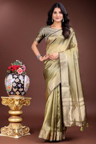 mehandi green color solid zari border plain orgenza saree