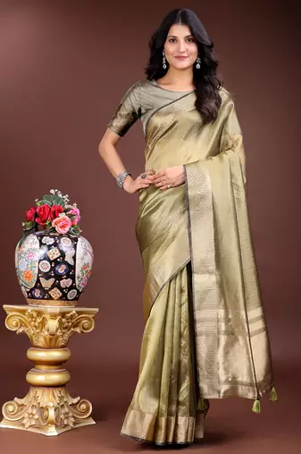 mehandi green color solid zari border plain orgenza saree