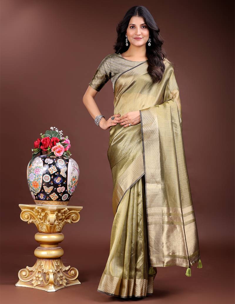 mehandi green color solid zari border plain orgenza saree