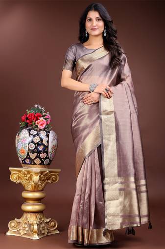 purple color solid zari border plain orgenza saree