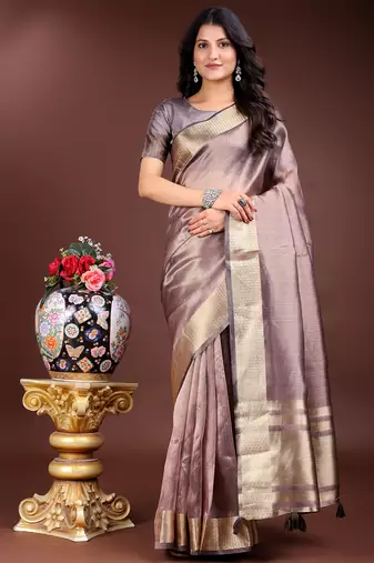 purple color solid zari border plain orgenza saree