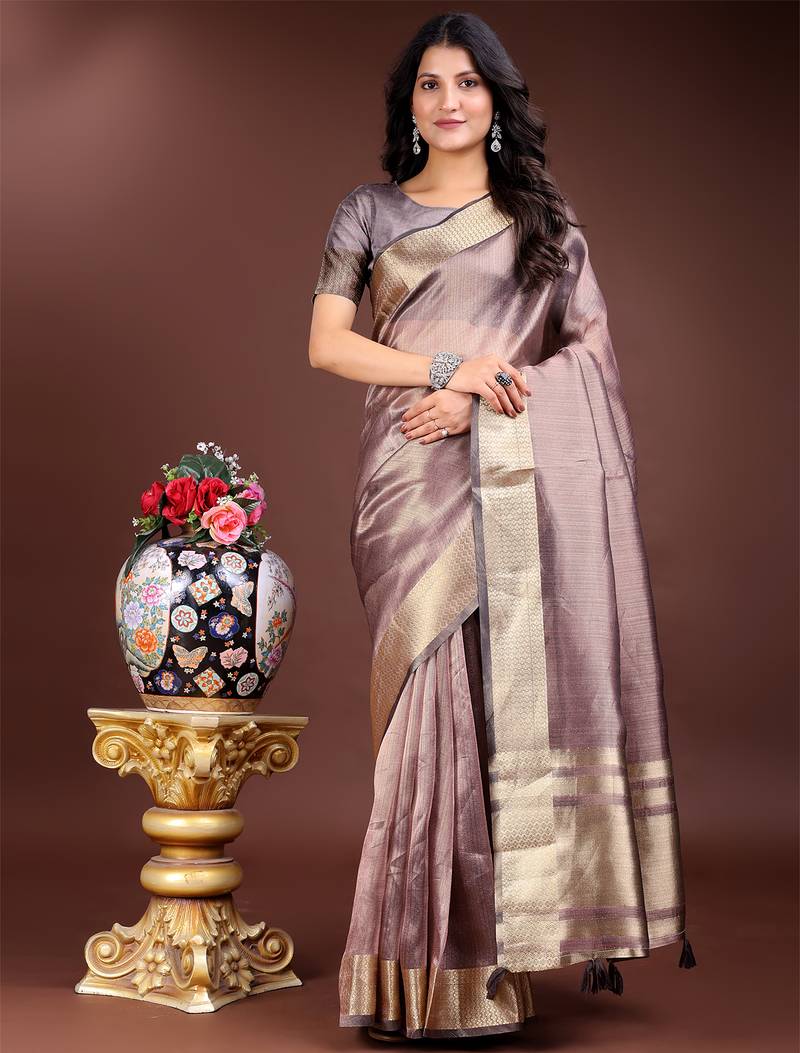 purple color solid zari border plain orgenza saree