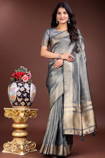 silver color solid zari border plain orgenza saree