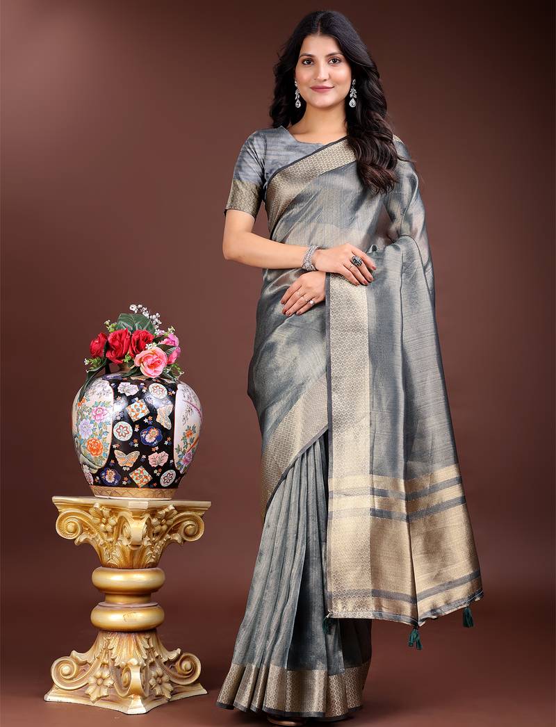 silver color solid zari border plain orgenza saree