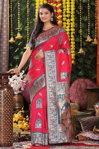 pink color woven work art silk wedding wear saree