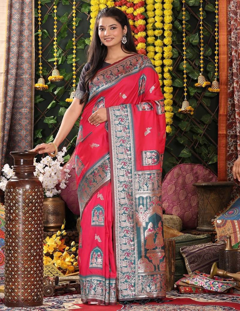 pink color woven work art silk wedding wear saree