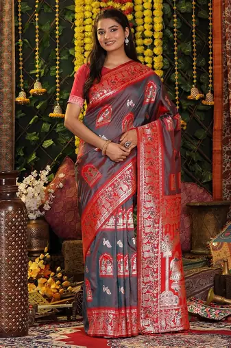grey color woven work art silk wedding wear saree