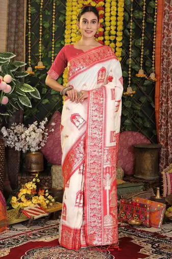 white color woven work art silk wedding wear saree