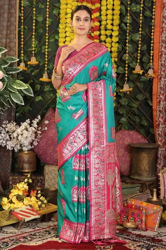 sea green color woven work art silk wedding wear saree