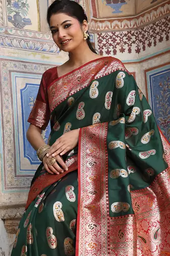 green color woven work art silk blend wedding wear saree
