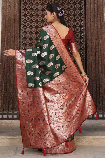 green color woven work art silk blend wedding wear saree