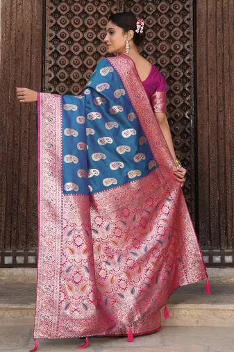 sky blue color woven work art silk blend wedding wear saree