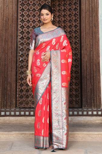 red color woven work art silk wedding wear saree