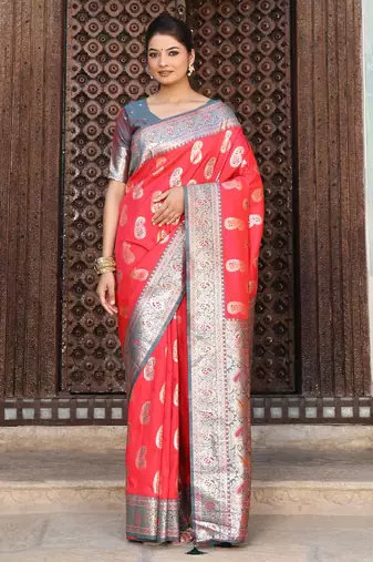 red color woven work art silk wedding wear saree