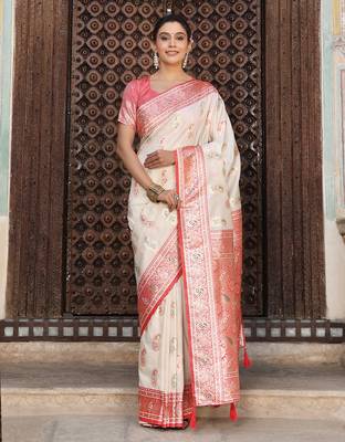 white color woven work art silk blend wedding wear saree 1