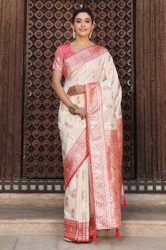 white color woven work art silk wedding wear saree