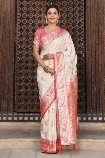 white color woven work art silk wedding wear saree