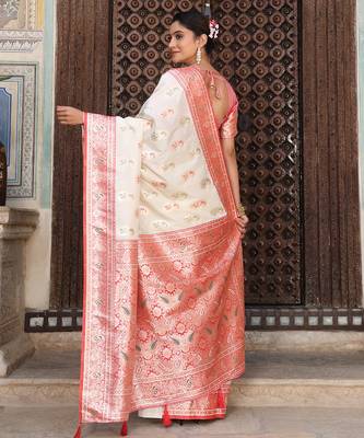 white color woven work art silk blend wedding wear saree 4