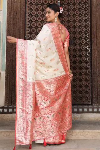 white color woven work art silk blend wedding wear saree