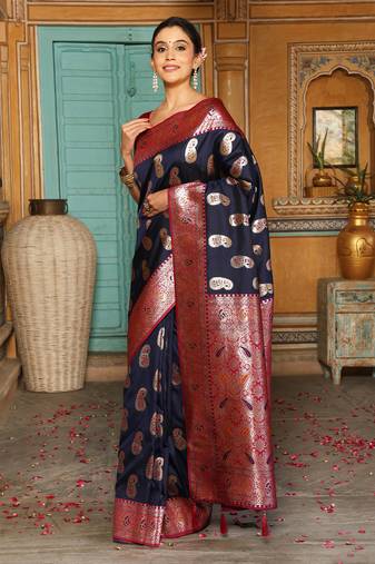 navy blue color woven work art silk wedding wear saree
