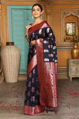 navy blue color woven work art silk wedding wear saree