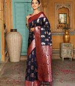 navy blue color woven work art silk wedding wear saree