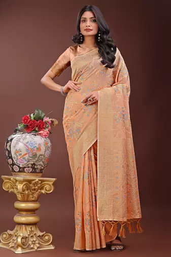 orange color woven linen cotton saree