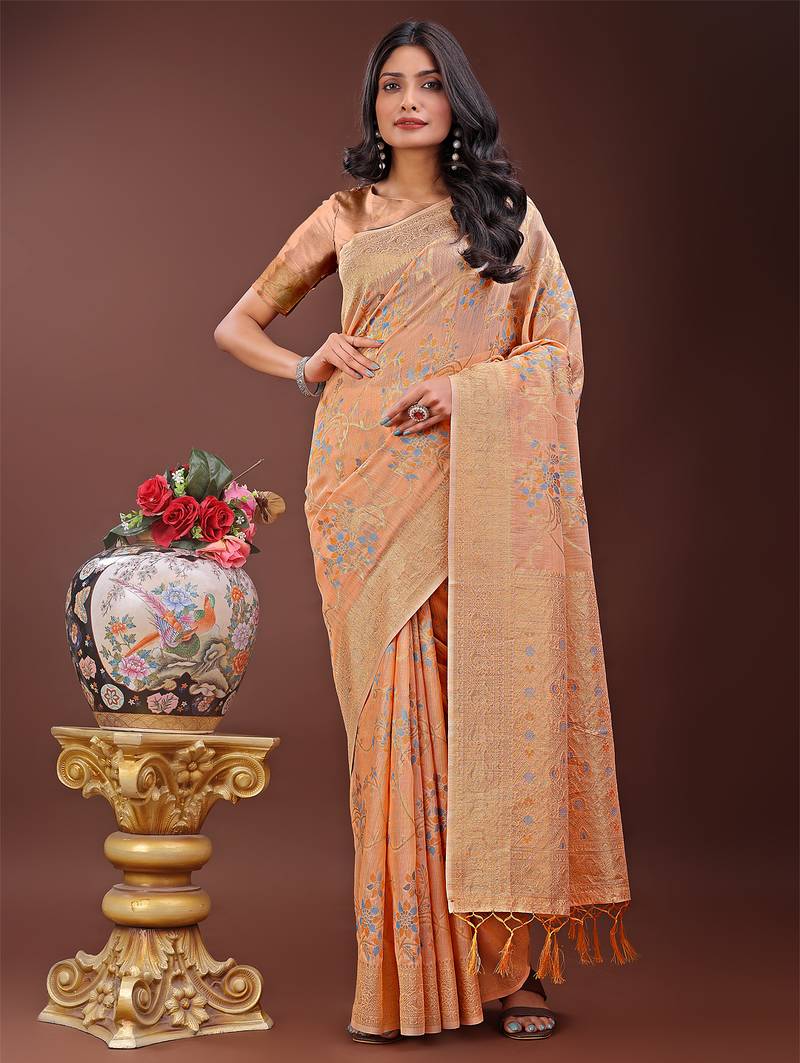 orange color woven linen cotton saree